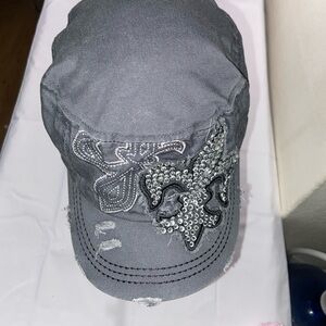 Embellished Gray Military Cap with Rhinestone Fleur-de-Lis